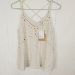 New Fate pearl rivet embellished linen criss cross strap blouse natural boho Sm
